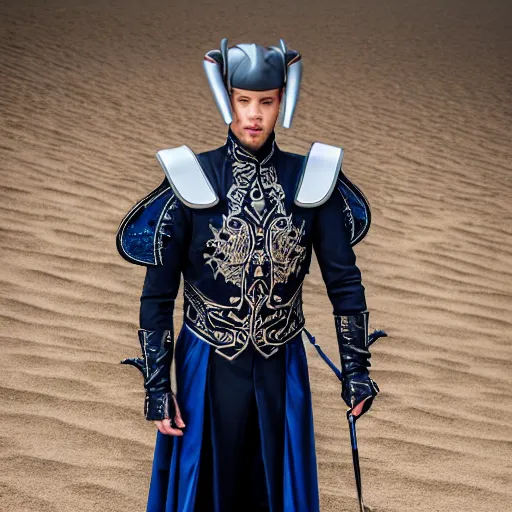 Prompt: upper view of adult Austin Butler dressed in futuristic-baroque prussian blue duelist-garb with Griffin-Ram embroidery emblem, and nanocarbon-vest and greaves, standing in an arena in Dune 2020, XF IQ4, f/1.4, ISO 200, 1/160s, 8K, RAW, unedited, symmetrical balance, face in-frame