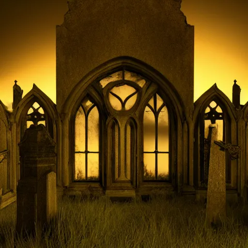 Image similar to ghosts in an old church yard cemetery, night time low light, spooky and scary atmosphere, artstation flames from church windows,