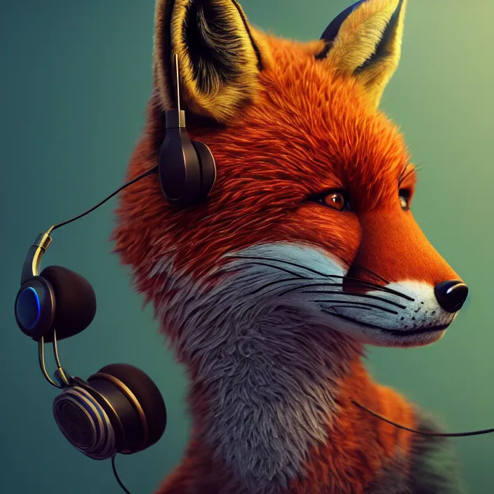 Image similar to fox with headphones, HD, 4K, intricate abstract. intricate artwork. by Tooth Wu, wlop, beeple, dan mumford, octane render, trending on artstation, greg rutkowski very coherent symmetrical artwork. cinematic, hyper realism, high detail, octane render, 8k, iridescent accents