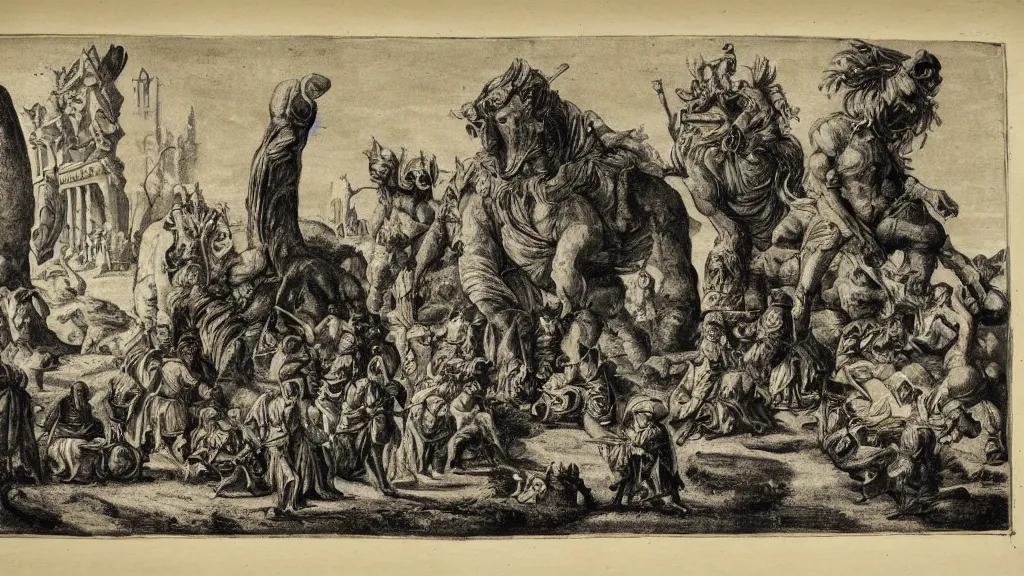 Image similar to a medieval chiaroscuro lithograph of a colossal sculpture garden, enormous creatures augment my desire