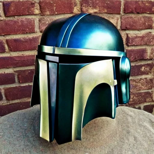 Image similar to a steampunk mandalorian helmet