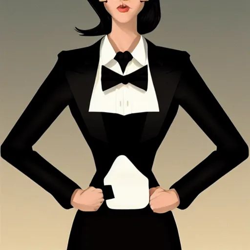 Image similar to slim girl in black tuxedo, corporate boss, luxury, 2d, ultra highly detailed, smooth, sharp focus, digital art, digital painting, fan art, elegant, artstation, by Ilya Kuvshinov