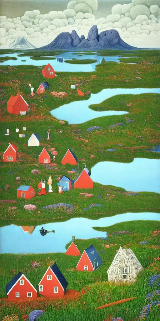 Prompt: scandinavian!!! houses!!!, floral motives, lake, mountains, hygge, by jacek yerka by levitan, by tove jansson, surrealistic painting, masterpiece, oil painting, 1 0 0 0 0, sharp focus, highly detailed, intricate, smooth, 8 k,