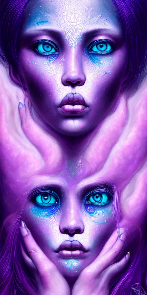 Image similar to hyperrealistic intricate close-up of beautiful moonchy woman with purple hair and pearlescent blue skin hannah yata machiej kuciara dramatic neon lighting on one side