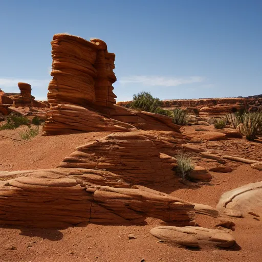 Prompt: cut sandstone structures cover a desert landscape