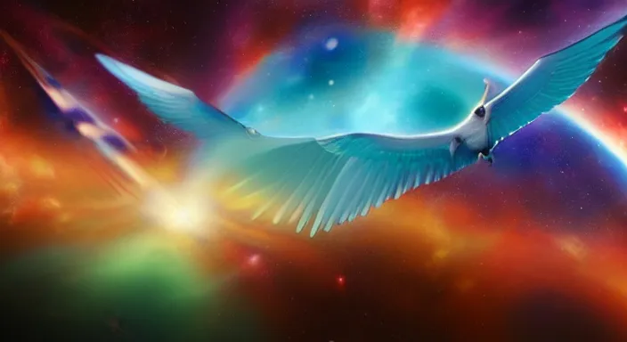 Prompt: A peace dove flying through a multicolored nebula in outerspace by Terry Redlin and Chesley Bonestell and Zdzislaw Beksinski, hyper realistic, radiant colors, trending on artstation, volumetric lighting, hyper detailed, insane details, intricate, ornate, CGsociety, hypermaximalist, octane render, micro details, 3d sculpture, ray tracing, 8k