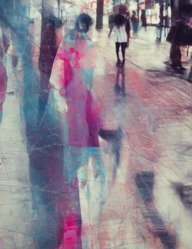 Image similar to dressed korean girl walking the street, redshift, wide high angle view, coloured polaroid photograph with flash, kodak film, hyper real, stunning moody cinematography, anamorphic lenses, by maripol, fallen angels by wong kar - wai, style of suspiria and neon demon and bahnhof zoo, detailed, oil on canvas, glitch datamosh