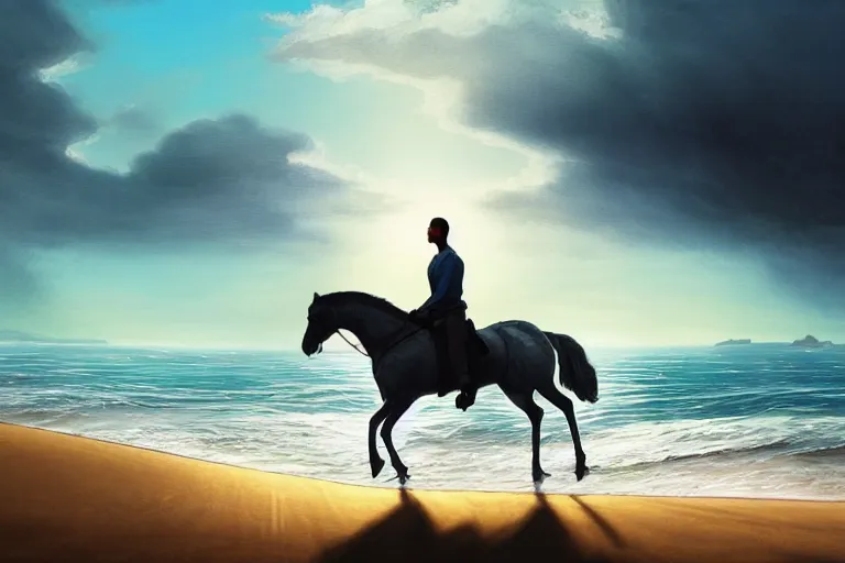 Image similar to photo of man riding a horse along the beach, glowing underwater waves toward a lighthouse in the distance guiding his way, silhouette, wide horizon, large white clouds, seagulls, night, intricate, elegant, highly detailed, digital painting, artstation, concept art, smooth, sharp focus, illustration, rule of thirds art by artgerm and greg rutkowski and fra angelico