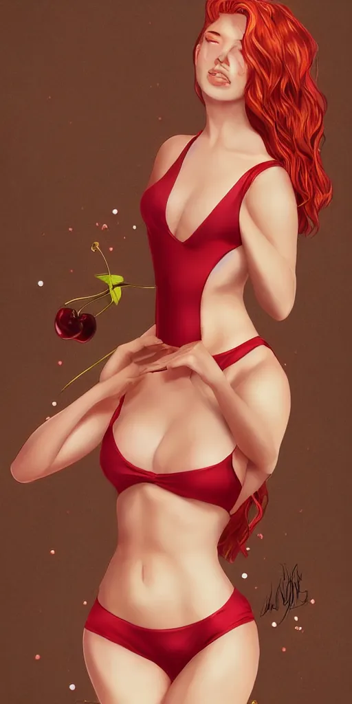 Image similar to beautiful full body portrait of a ginger woman wearing a sparkling cherry color one piece swimsuit wlop, artgerm, artstation