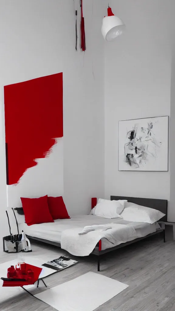 Image similar to minimalistic room, white and red color palette, realistic painting.