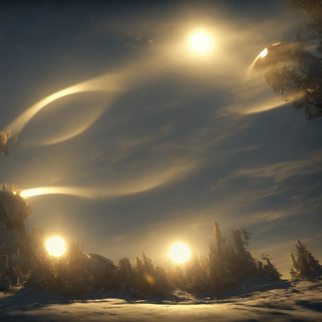 Image similar to sundogs and other parhelion creatures, volumetric lighting, octane render, photographic, concept art, artist leonardo davinci, unreal engine 8 k