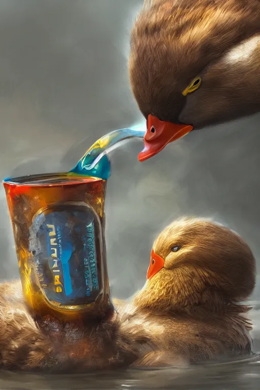 Image similar to duck drinks energy napiokmonstr energy, concept art, wlop, digital painting, trending on artstation, highly detailed, epic composition, official media, 8 k uhd