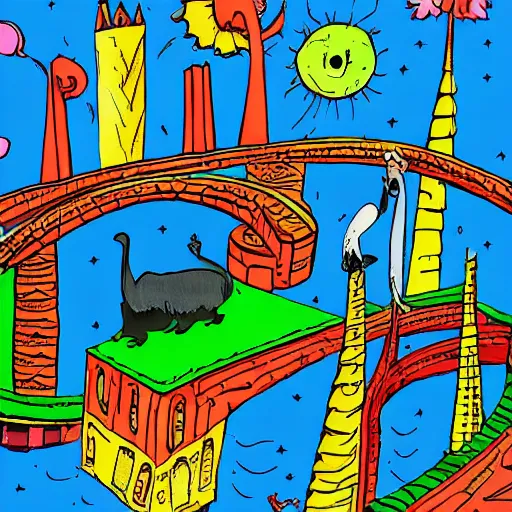 Prompt: colorful city with towers, bridges, stairs, inhabited by creatures, by dr seuss