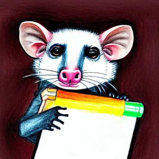 Prompt: an opossum holds up some crayon drawing. hd digital photography of an opossum