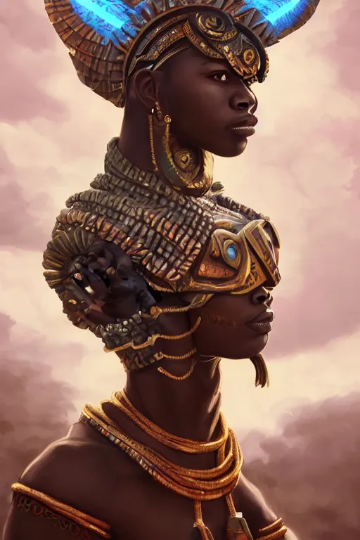 Prompt: ogun, African warrior deity, ancestral hunter God, cinematic mid portrait , digital illustration, octane render trending on arstation by artgerm, raphaelite and mucha