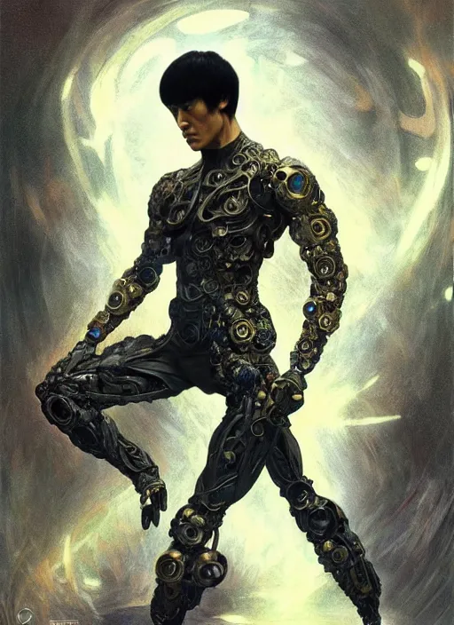 Image similar to bruce lee as a organic cyborg, diffuse lighting, fantasy, intricate, elegant, highly detailed, lifelike, photorealistic, digital painting, artstation, illustration, concept art, smooth, sharp focus, art by john collier and albert aublet and krenz cushart and artem demura and alphonse mucha