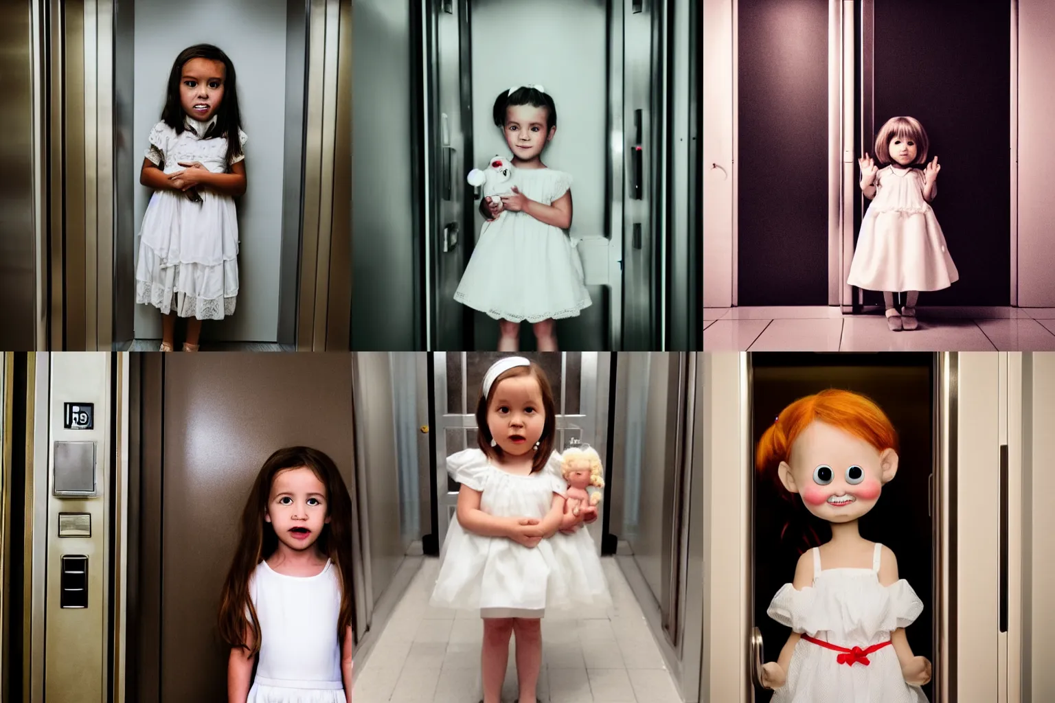 Prompt: scary photo of a scary little girl in a white dress holding a doll and standing in front of a closed elevator