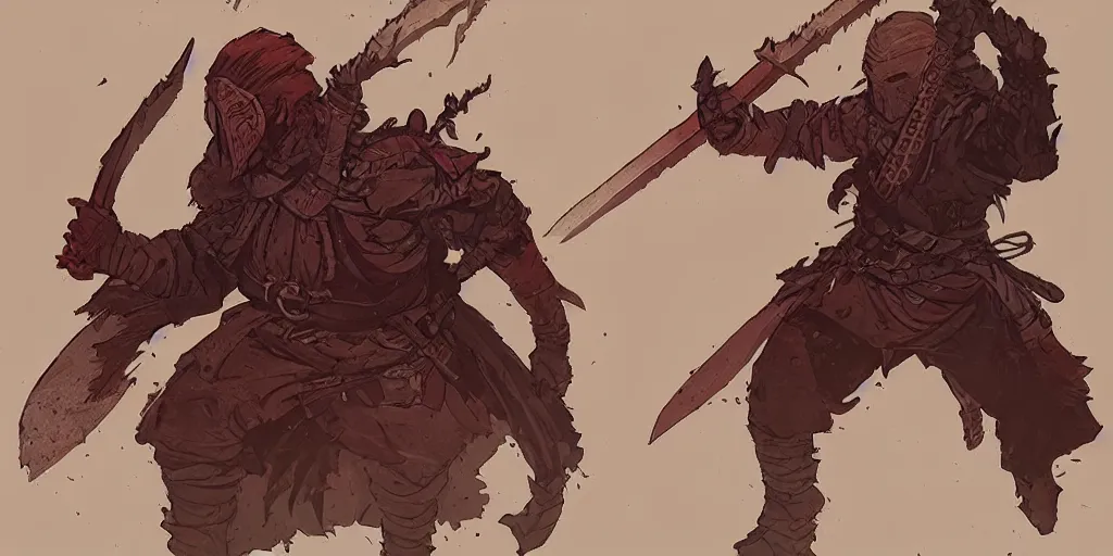 Image similar to warrior character design, idle, colored, sword, sprite, darkest dungeon, pc game, sideview, art by moebius and greg rutkowski.