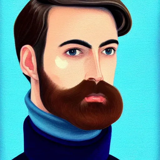 Image similar to gangly man with short dark blond wavy hair, dark blond beard, small chin, rectangular face, thin lips, English heritage, small blue eyes, middle aged, wearing a turtleneck and jacket, pale skin, narrow face, digital art, painterly, cartoon, cute, 8k, illustration, art by loish, painterly, trending on artstation, medium shot, uncropped