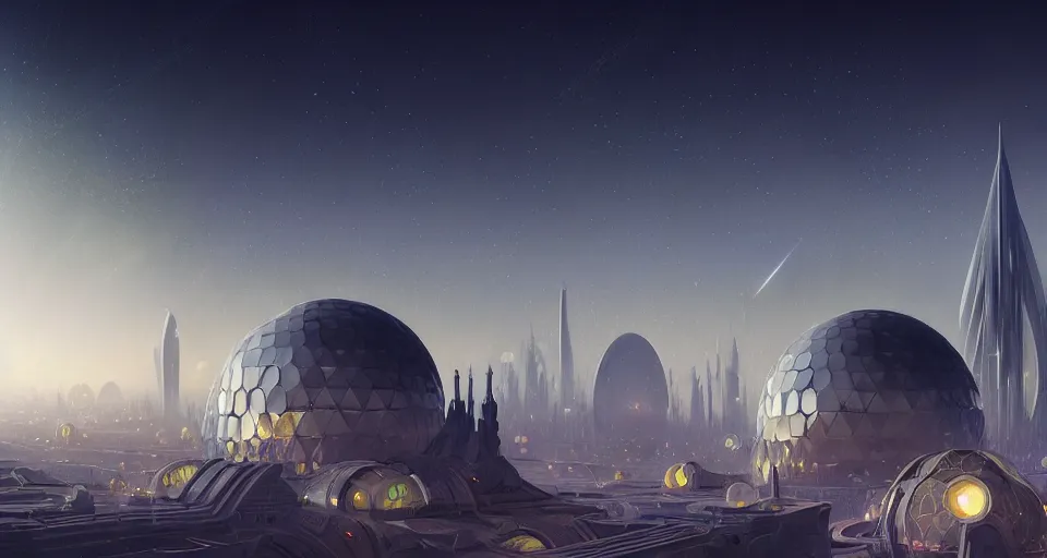 Image similar to futuristic city on the moon, geodesic domes, utopian, night sky, stars, digital painting, artstation, concept art, soft light, smooth, sharp focus, illustration, intricate, elegant, highly detailed, in the style of greg rutkowski and alphonse mucha and artemisia, 8 k, highly detailed, jurgens, rutkowski