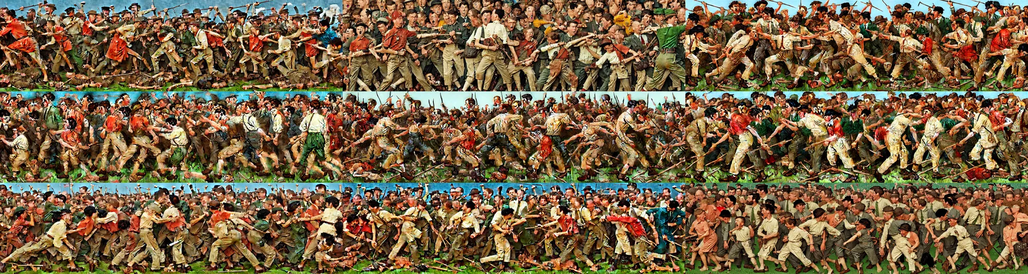 Prompt: the absolute most horrible, brutal battle, in the style of a highly detailed mural by wes anderson and norman rockwell