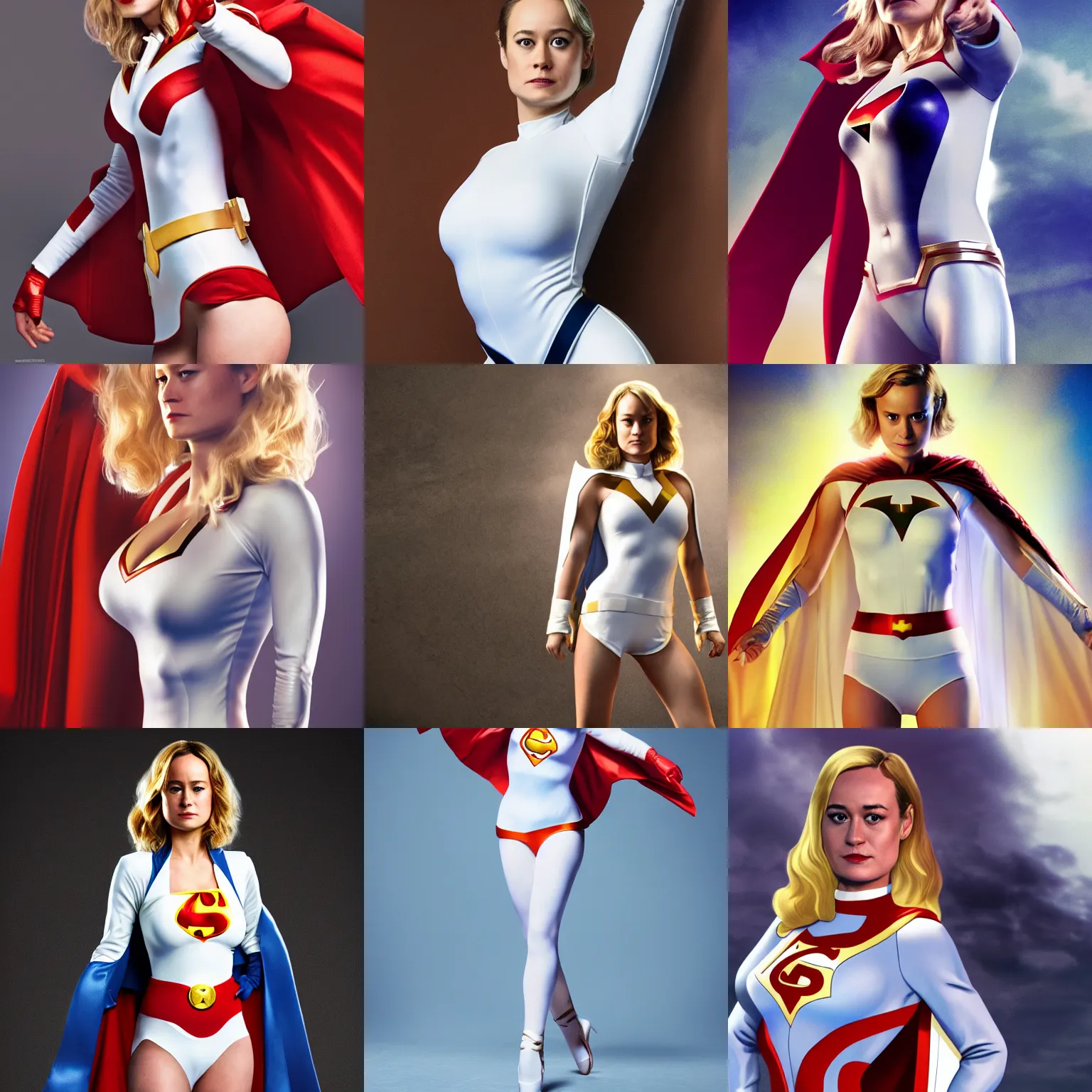 Prompt: brie larson as dc comics'' power girl ', full body with white leotard costume and cape and open chest, pinup photo, 4 k