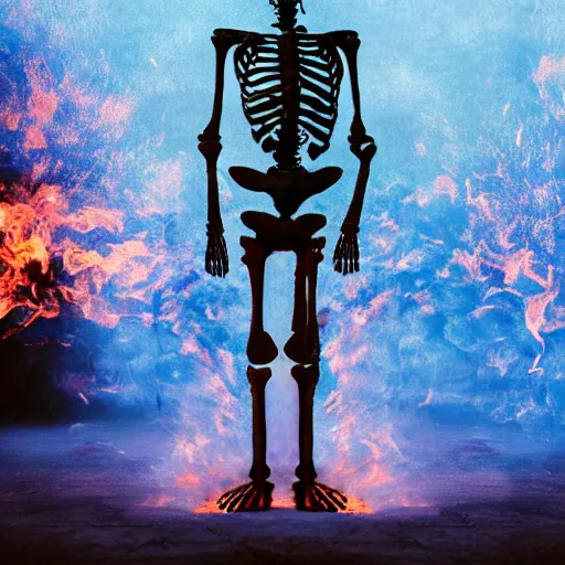 Prompt: a skeleton walking while wearing a blue suit and there is fire all around the skeleton, double exposure