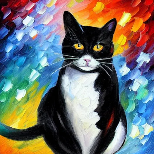 Prompt: painting of a black and white cat wearing a lab coat by Leonid Afremov