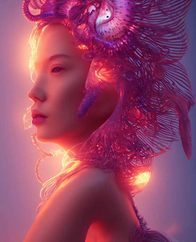 Image similar to goddess close-up portrait. orchid jellyfish phoenix head, nautilus, skull, betta fish, bioluminiscent creatures, intricate artwork by Tooth Wu and wlop and beeple. octane render, trending on artstation, greg rutkowski very coherent symmetrical artwork. cinematic, hyper realism, high detail, octane render, 8k