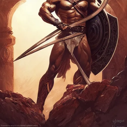 Image similar to Henry Cavill as a warrior, D&D, flowing, muscular, fantasy, intricate, thighs, elegant, highly detailed, digital painting, artstation, concept art, smooth, sharp focus, illustration, art by artgerm and greg rutkowski and alphonse mucha