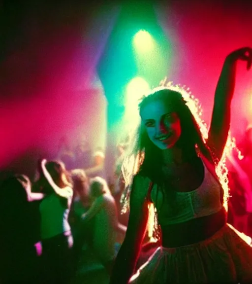 Prompt: portrait of a stunningly beautiful young hippie girl dancing at a crowded rave, rave lighting, stage lighting, lasers, spotlights, extremely colourful, epic cinematic lighting, smiling, pretty, alluring, by bruce davidson