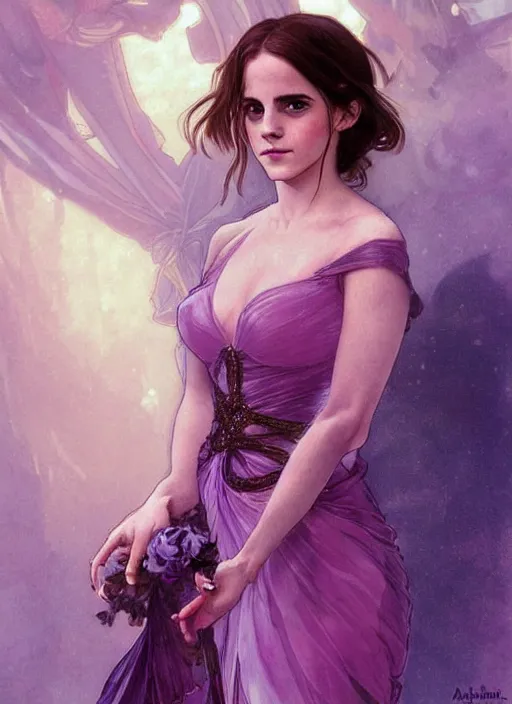 Image similar to full figure emma watson at the yule ball wearing revealing elegant pink and purple dress with flounces. beautiful detailed face. by artgerm and greg rutkowski and alphonse mucha