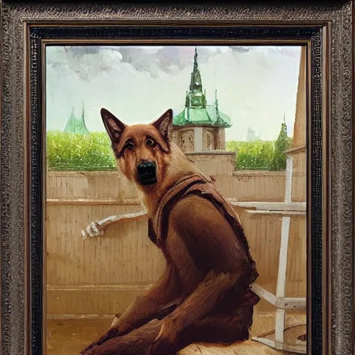 Image similar to a humanoid german shepherd beast - man, sitting and watching a soccer match in his house on television, he has hurt his knee and is a dad, by erin hanson, alexi zaitsev, karl spitzweg, award winning, tv set