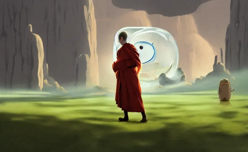 Image similar to a scary hyperrealist painting of a monk in a giant transparent bubble from howl's moving castle ( 2 0 0 4 ) in a flooded monument valley stonehenge jungle. depth perception, 4 k, artstation, in the style of studio ghibli