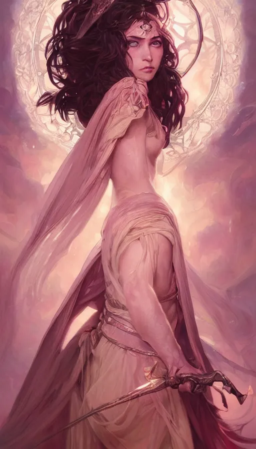 Prompt: portrait of the warrior sorceress of hearts, dreamy and ethereal, expressive pose, big pink eyes, fantasy, intricate, elegant, rose tones, highly detailed, digital painting, artstation, concept art, smooth, sharp focus, illustration, art by artgerm and greg rutkowski and alphonse mucha