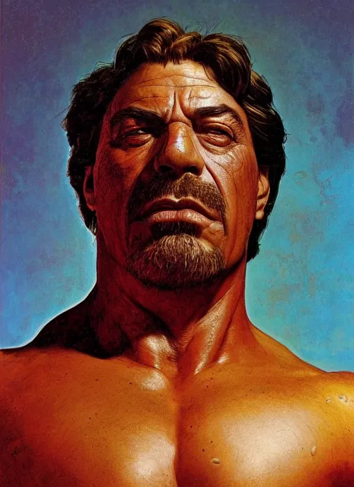 Prompt: upper body and head portrait of javier bardem as thanos, by lawrence alma tadema and zdzislaw beksinski and norman rockwell and jack kirby and tom lovell and greg staples