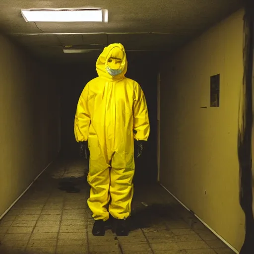 Image similar to a man wearing a yellow hazmat suit inside the very dark lighting empty unsettling creepy backrooms, liminal space, eerie mood, horror movie scene