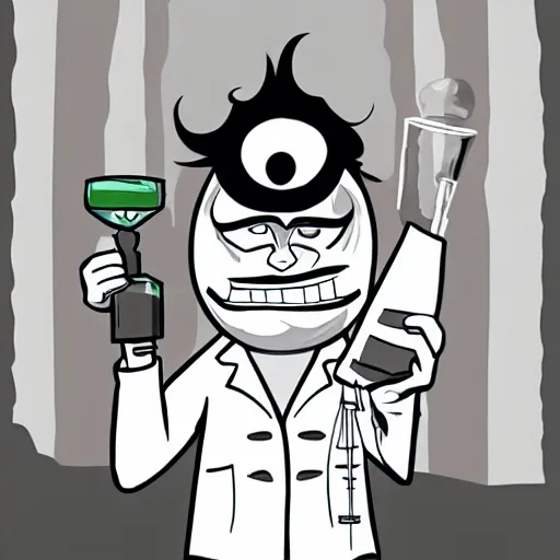 Image similar to The Trollface as an evil scientist holding a vial of oil, full body portrait, labcoat, black and white illustration