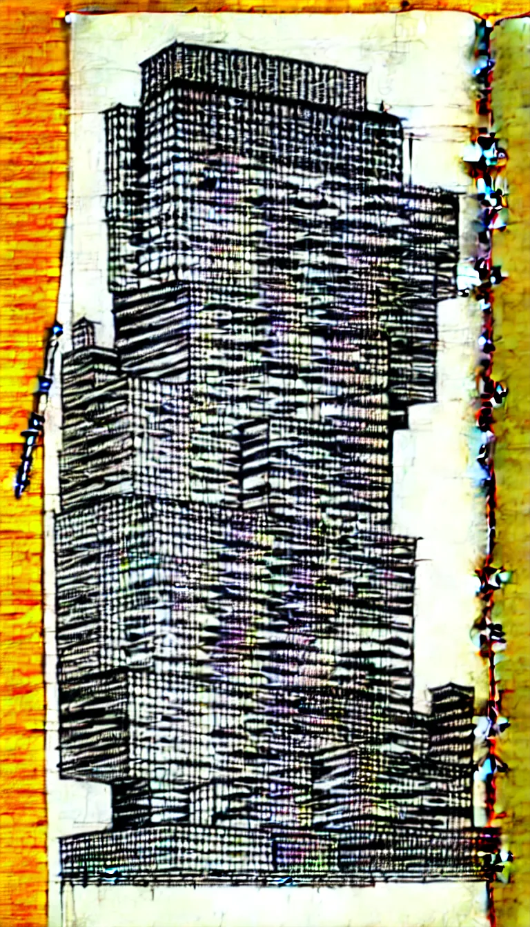 Image similar to a black and white drawing of a building, a detailed mixed media collage by hiroki tsukuda and eduardo paolozzi, intricate linework, sketchbook drawing, street art, polycount, deconstructivism, matte drawing, academic art, constructivism