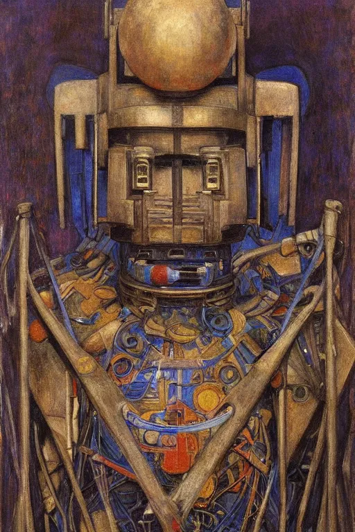 Image similar to the robot in his regalia, by Annie Swynnerton and Diego Rivera and Elihu Vedder, symbolist, dramatic lighting, elaborate geometric ornament, Art Brut, soft cool colors,smooth, sharp focus, extremely detailed, Adolf Wölfli