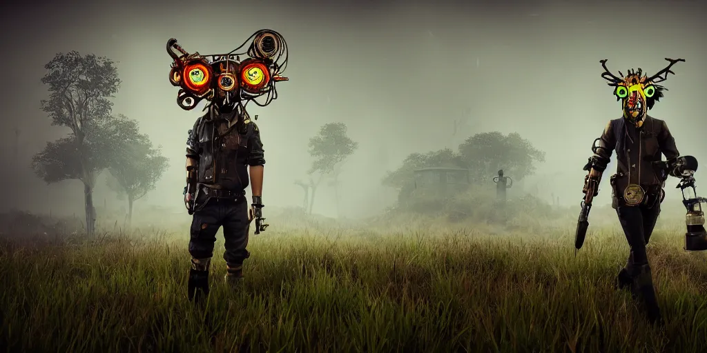 Image similar to gamekeeper wearing a steampunk and neonpunk mechanical fluorescent mystical animal mask in strange misty estuary landscape, night, realism in style of fornite game, 4 k, octane render, award winning photograph, epic cinematic shot, perfectly defined features, ambient occlusion