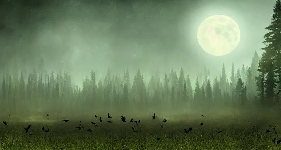 Image similar to fantasy landscape of a forest full of crows and the big moon in the background, dark color-theme, cinematic, science-fiction art wallpaper, stunning digital art