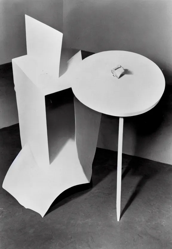 Image similar to a white object with writing on it sitting on a table, a surrealist sculpture by marcel duchamp, archival pigment print, 1 9 1 4, conceptual art, artwork, academic art, surrealist