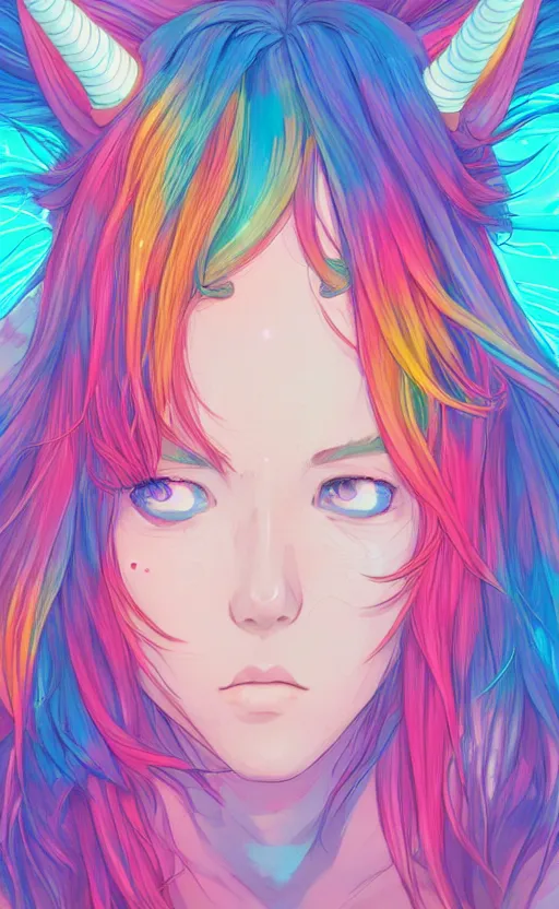 Image similar to a girl with rainbow lush hair, unicorn horn, portrait, anime character hinata, rim light, fresh colors, gradients, highly detailed, digital illustration, concept art, smooth, sharp focus, pleasing aesthetics, josan gonzalez