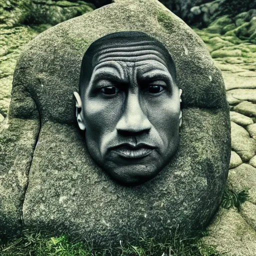 Image similar to a grey mossy rock with the face of dwayne johnson, shot on iphone 1