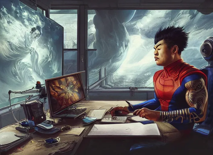 Image similar to an insanely detailed painting of an asian man wearing a homemade superhero costume, sitting at a desk, staring seriously at the computer and typing, in the style of peter mohrbacher, james jean, artgerm, dramatic lighting and composition, surreal background, octane render, pixar, trending on artstation, concept art, comic book, view from behind, 8 k