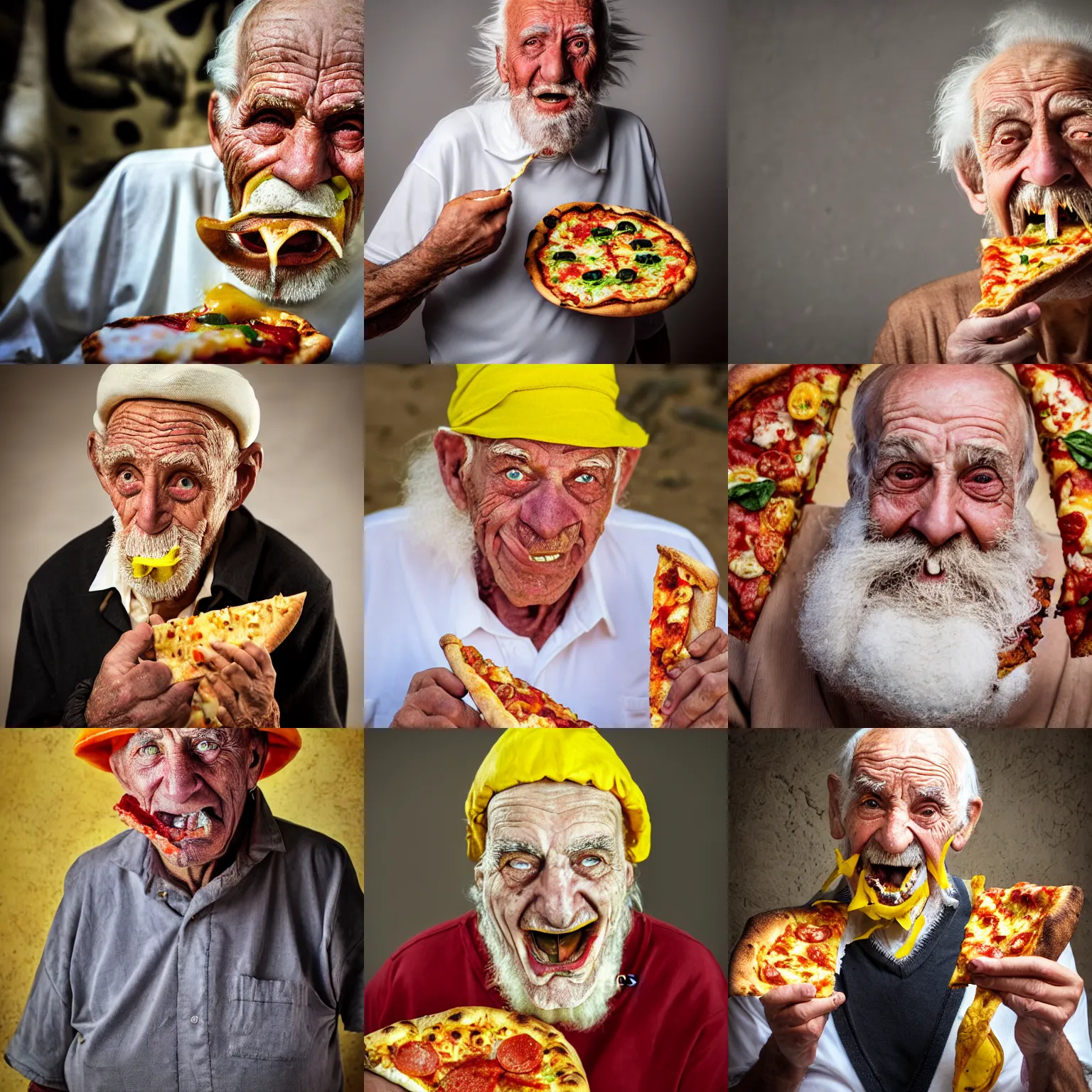 Prompt: portrait photo of wrinkled old man who looks like pulcinella by maurice sand, eating a pizza margherita, large mouth with long yellow teeth, dark eyes, backlit, full body, sharp focus, highly detailed photo by eric lafforgue, masterpiece, trending on deviantart