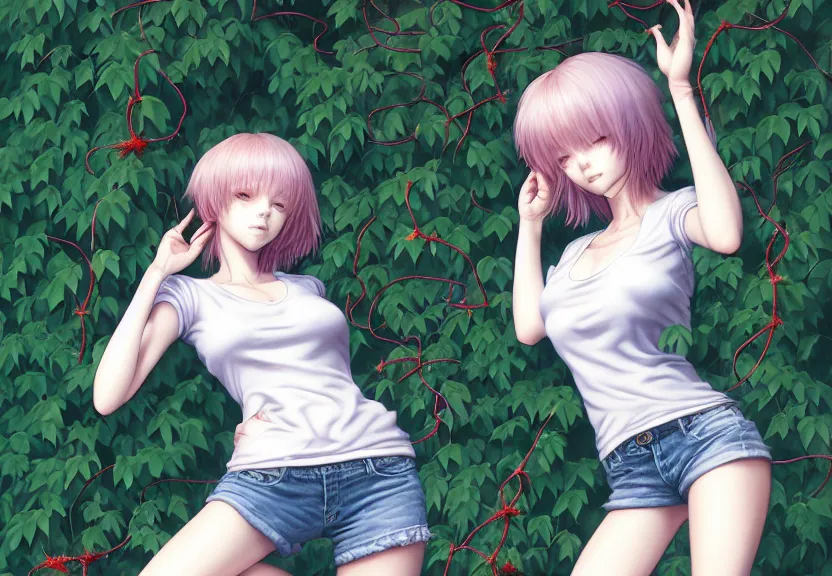 Prompt: an attractively pretty young woman with morbid thoughts wearing a tight t-shirt, and short denim shorts, she is being embraced by thorny vines, painted on glass by Range Murata, Katsuhiro Otomo, Yoshitaka Amano, and Artgerm. 3D shadowing effect, 8K resolution.