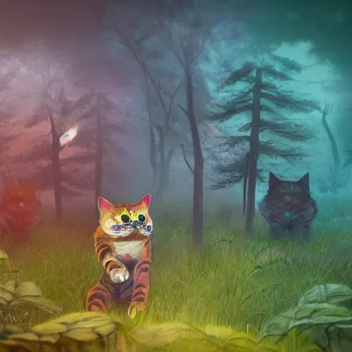 Image similar to A series of angry cats fighting with phoenix dogs in a murky forest with volumetric fog in the style of louis wain high detail trending on artstation octane render impasto