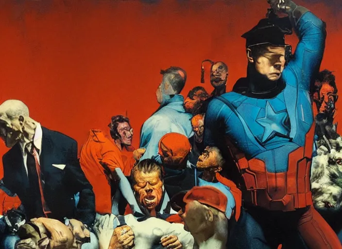 Image similar to a still from the movie avengers : endgame of francis bacon and norman rockwell and james jean, a still from the movie the godfather, and mark brooks, triadic color scheme, by greg rutkowski, syd mead and edward hopper and norman rockwell and beksinski, dark surrealism, orange and turquoise